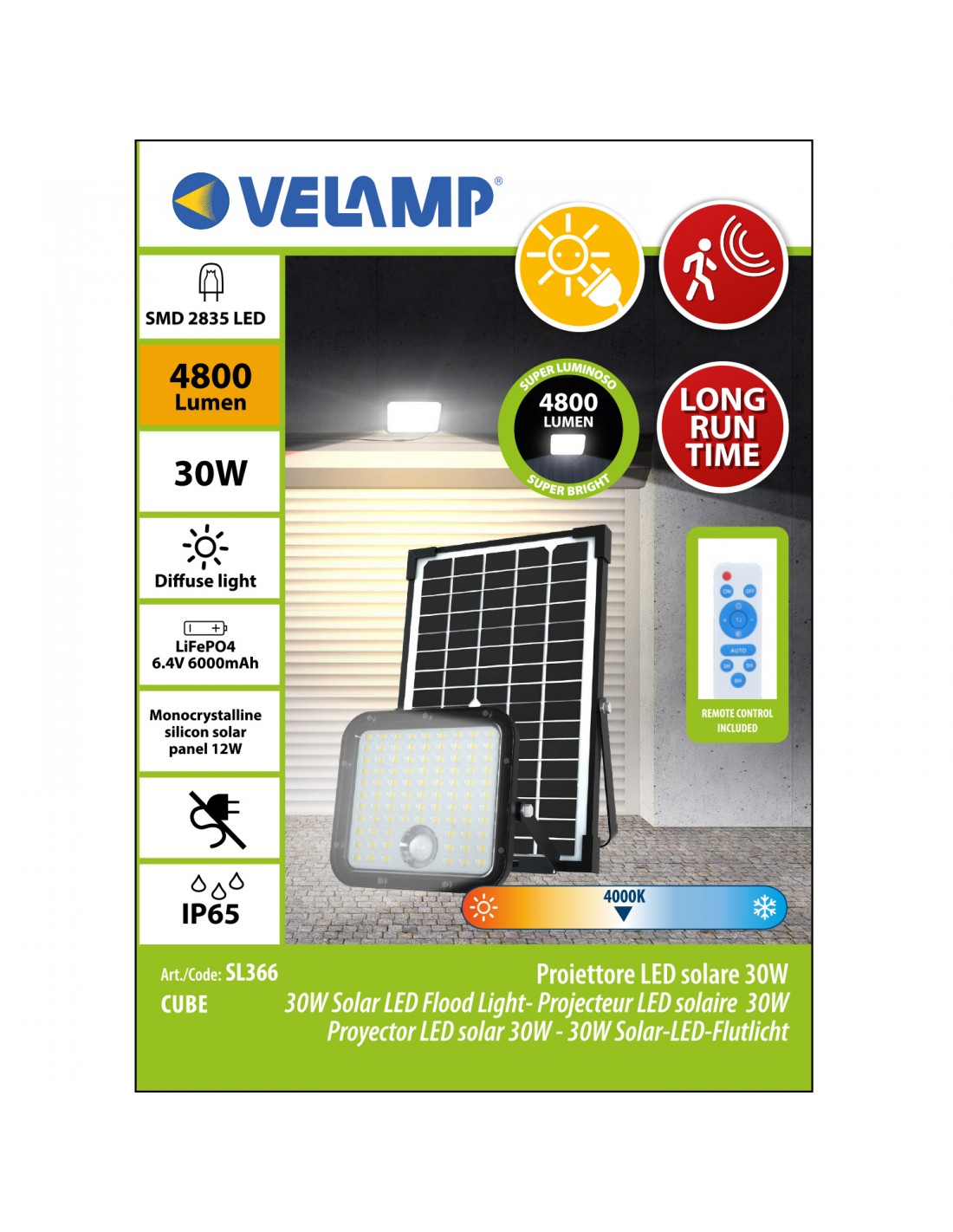 Proiettore LED a carica solare 4800 lumen, con rilevatore di presenza. Pannello solare deportato - Velamp SL366