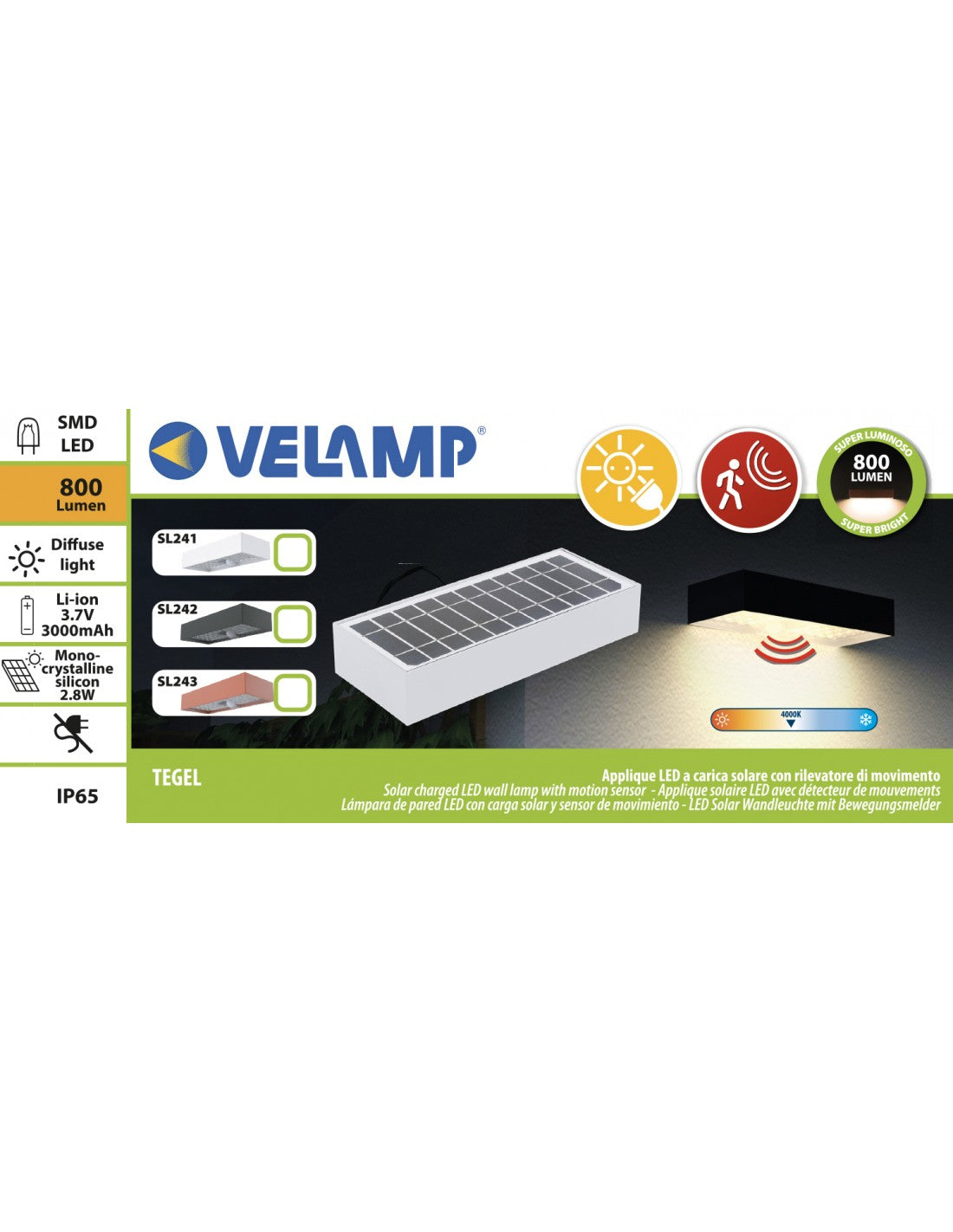 Applique LED a carica solare 800 lumen, con rilevatore di movimento. Mattone