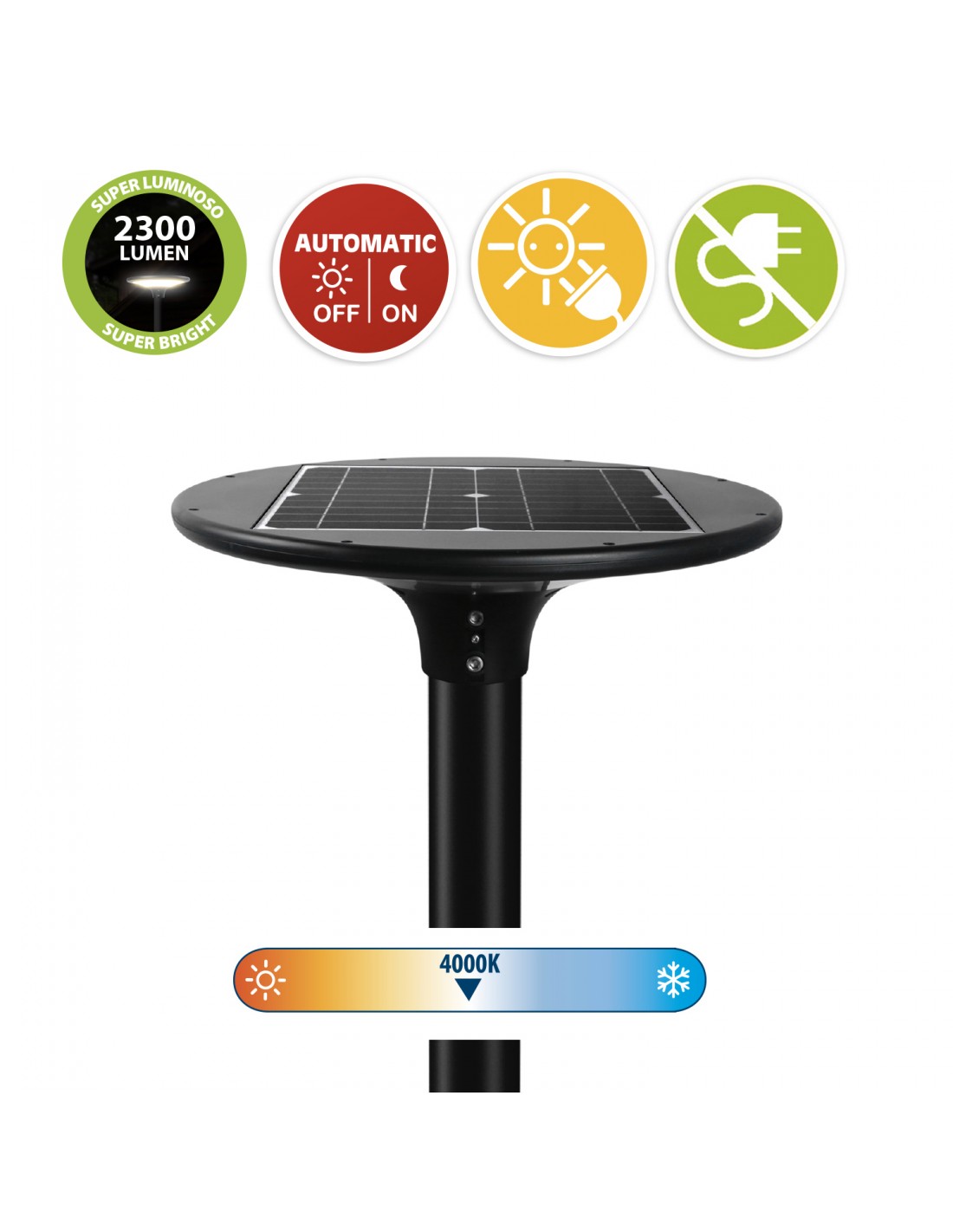 Lampione LED Solare 2300 Lumen, IP65, Da Montare su Palo – Velamp SL608