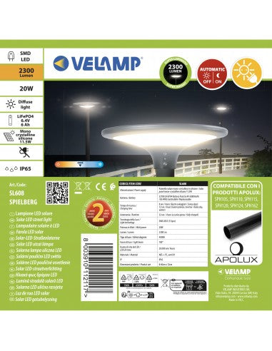 Lampione LED Solare 2300 Lumen, IP65, Da Montare su Palo – Velamp SL608