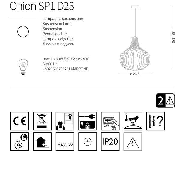Lampadario a Sospensione 1 Luce ONION SP1 Ø23 in Metallo Marrone - Ideal Lux 205281