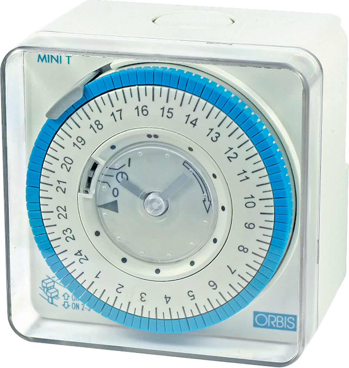 MINI T-QRD Orario Elettromeccanico (Orbis OB251232) – da Parete/Retroquadro/Barra DIN, Giornaliero, 230V, Riserva 100 ore