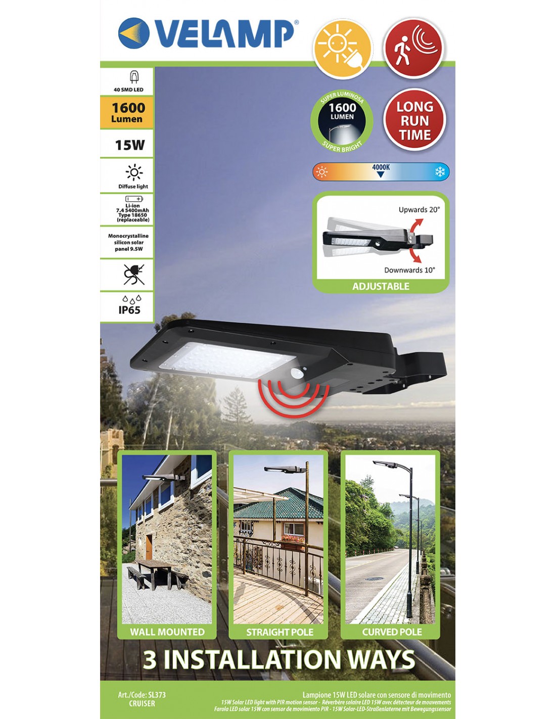 VELAMP - CRUISER: Lampione a carica solare 15W (1600lm) con sensore di movimento - SL373