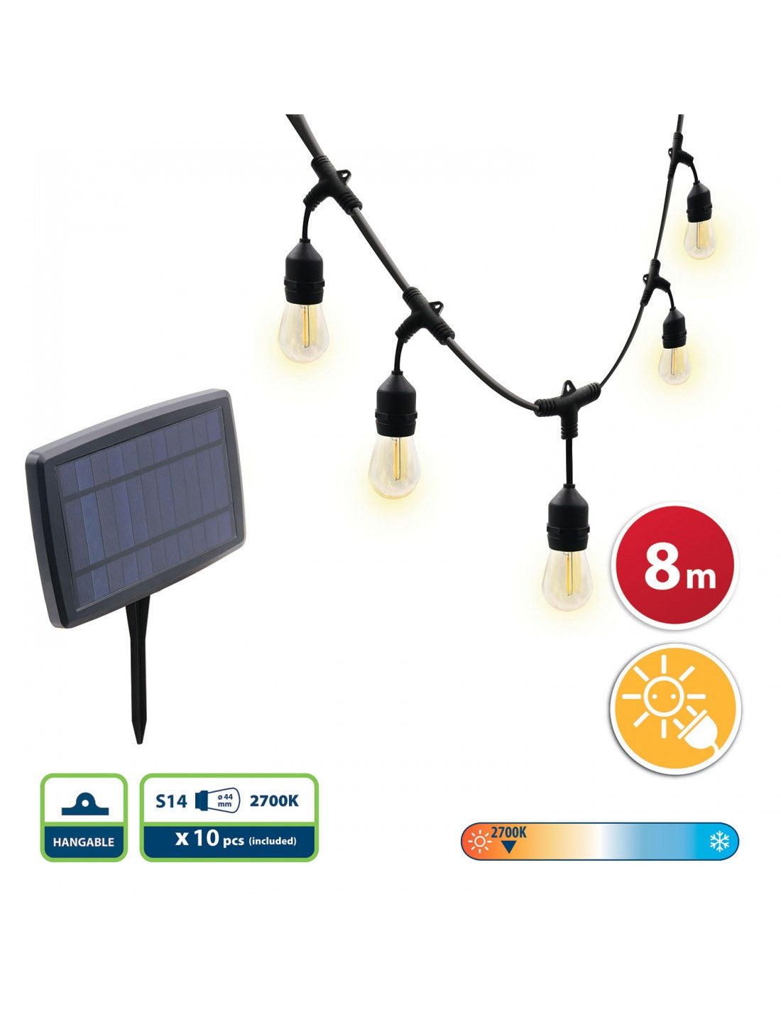 CASSIOPEA: Catenaria IP44 a carica solare, 8 metri, 10 bulbi LED bianchi, nero - Velamp PS070S