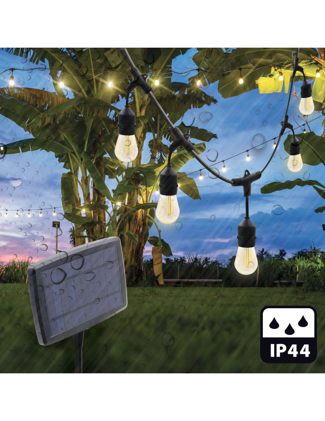 CASSIOPEA: Catenaria IP44 a carica solare, 8 metri, 10 bulbi LED bianchi, nero - Velamp PS070S