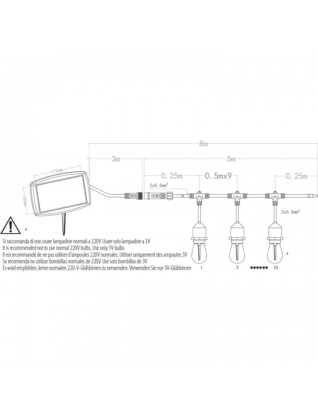 CASSIOPEA: Catenaria IP44 a carica solare, 8 metri, 10 bulbi LED bianchi, nero - Velamp PS070S