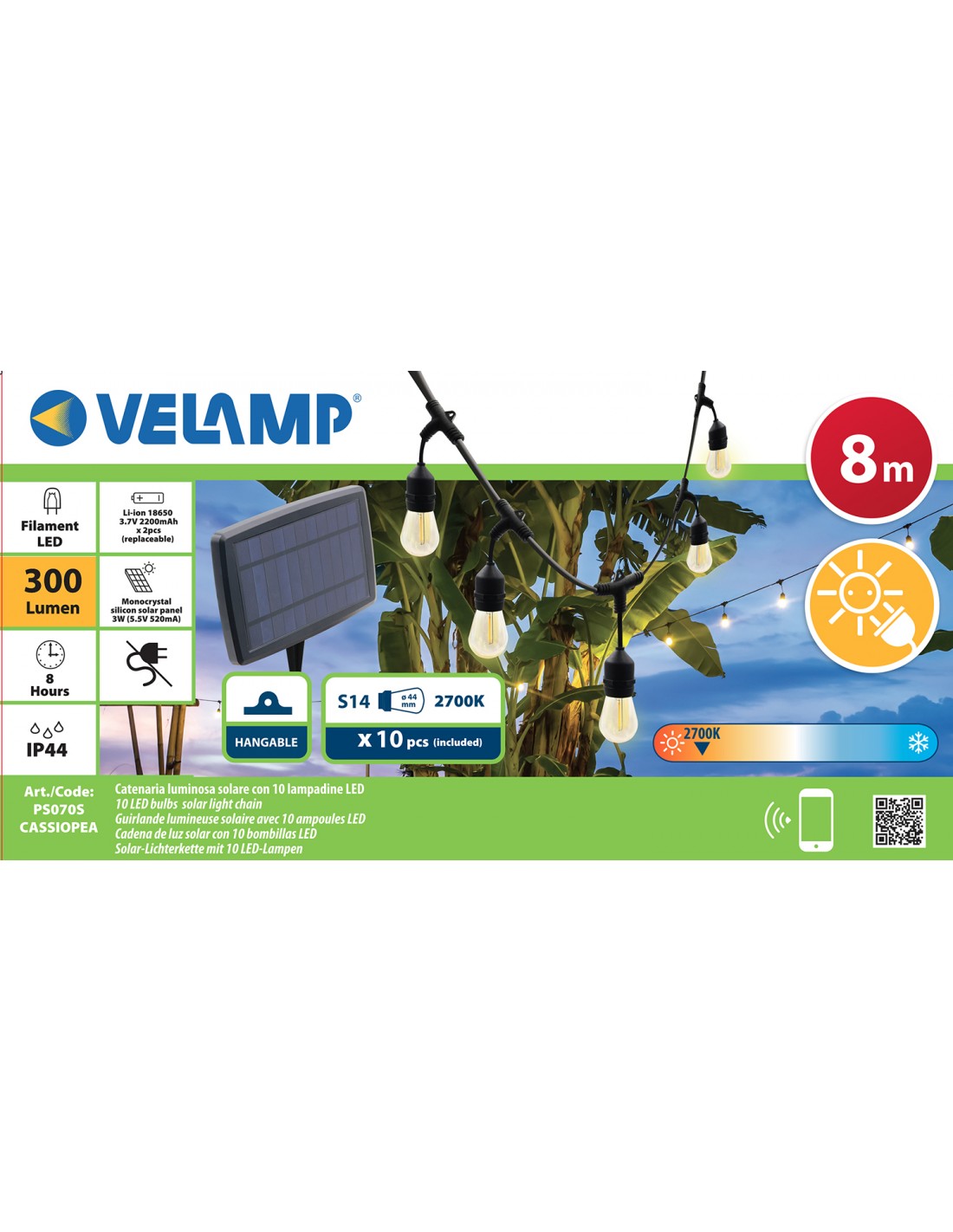 CASSIOPEA: Catenaria IP44 a carica solare, 8 metri, 10 bulbi LED bianchi, nero - Velamp PS070S