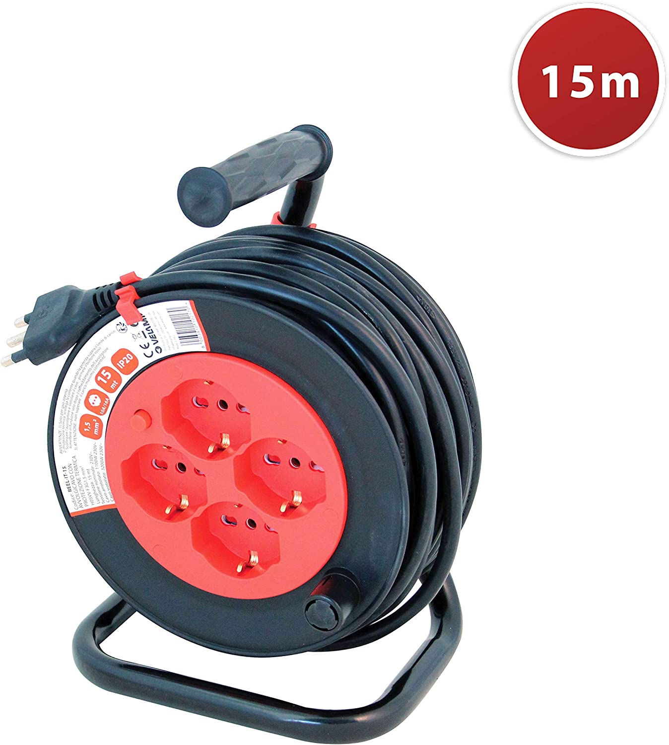 VELAMP REEL-IT-15 Prolunga Elettrica con Avvolgicavo, Nero/Rosso, 15 Metri