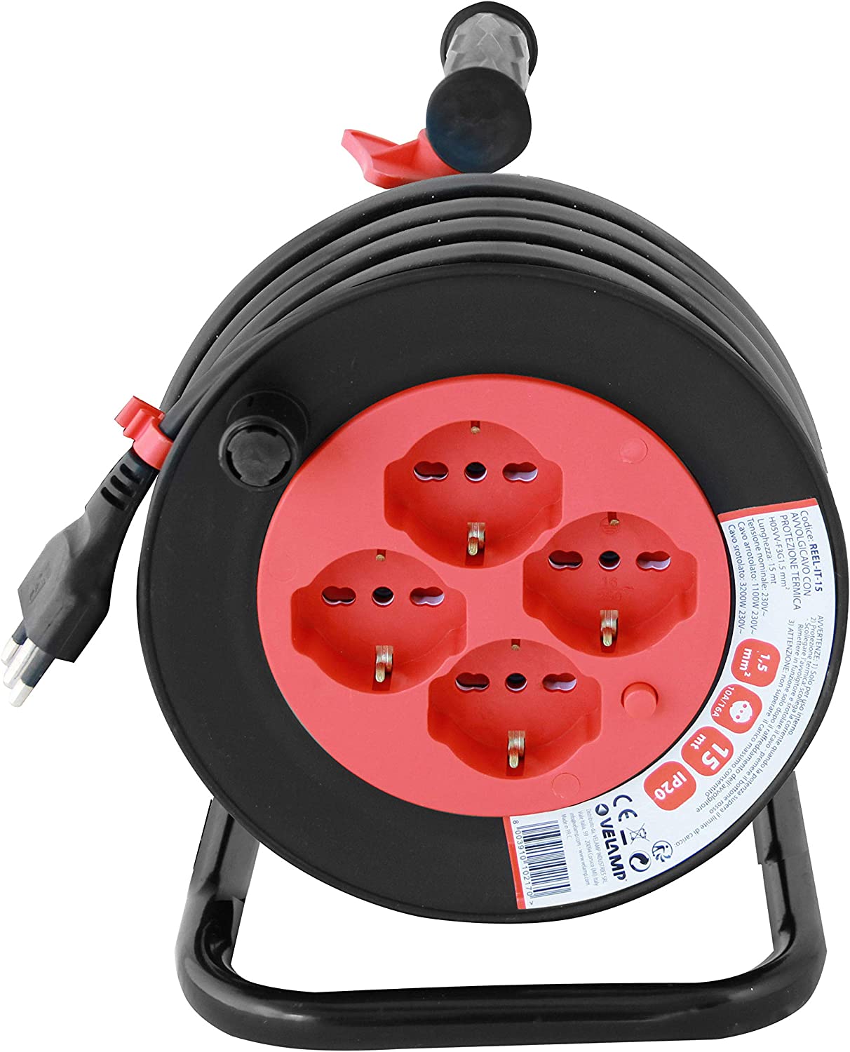 VELAMP REEL-IT-15 Prolunga Elettrica con Avvolgicavo, Nero/Rosso, 15 Metri