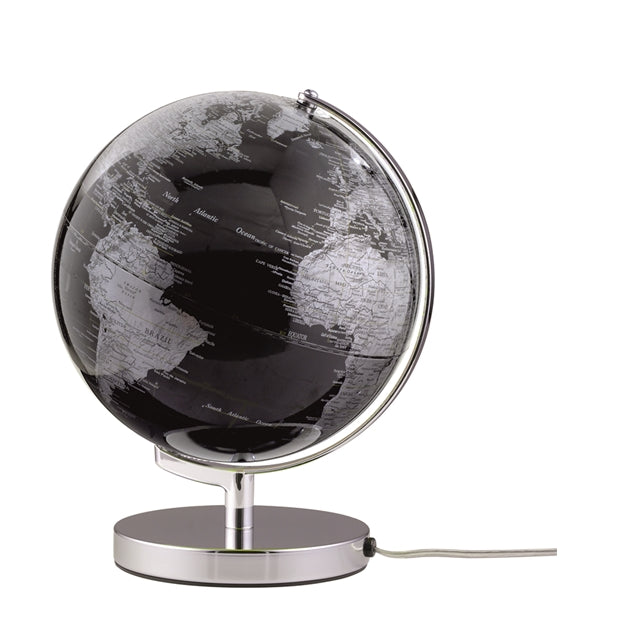 EMFORM - EMSE0712 - Mappamondo Luminoso Terra Black Light/ Luce Metallo Nero Sfondo Continenti Silver D25cm x H30cm