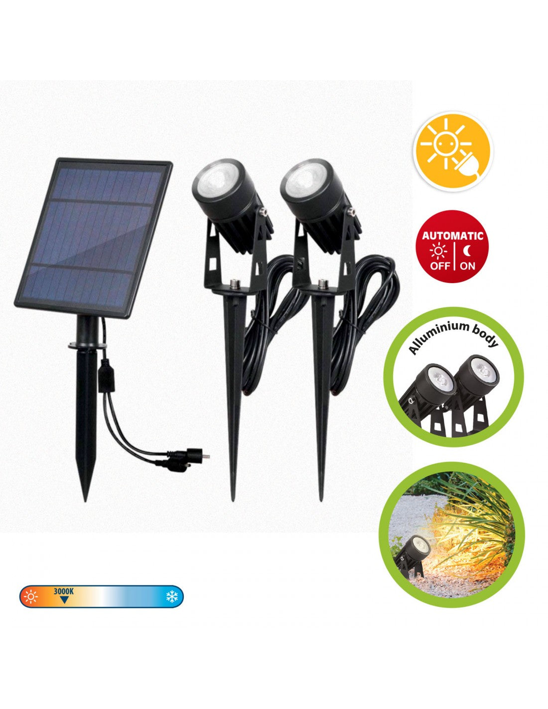 VELAMP - BLACKBIRD: kit of 2 solar-charged aluminum LED spotlights - SL368