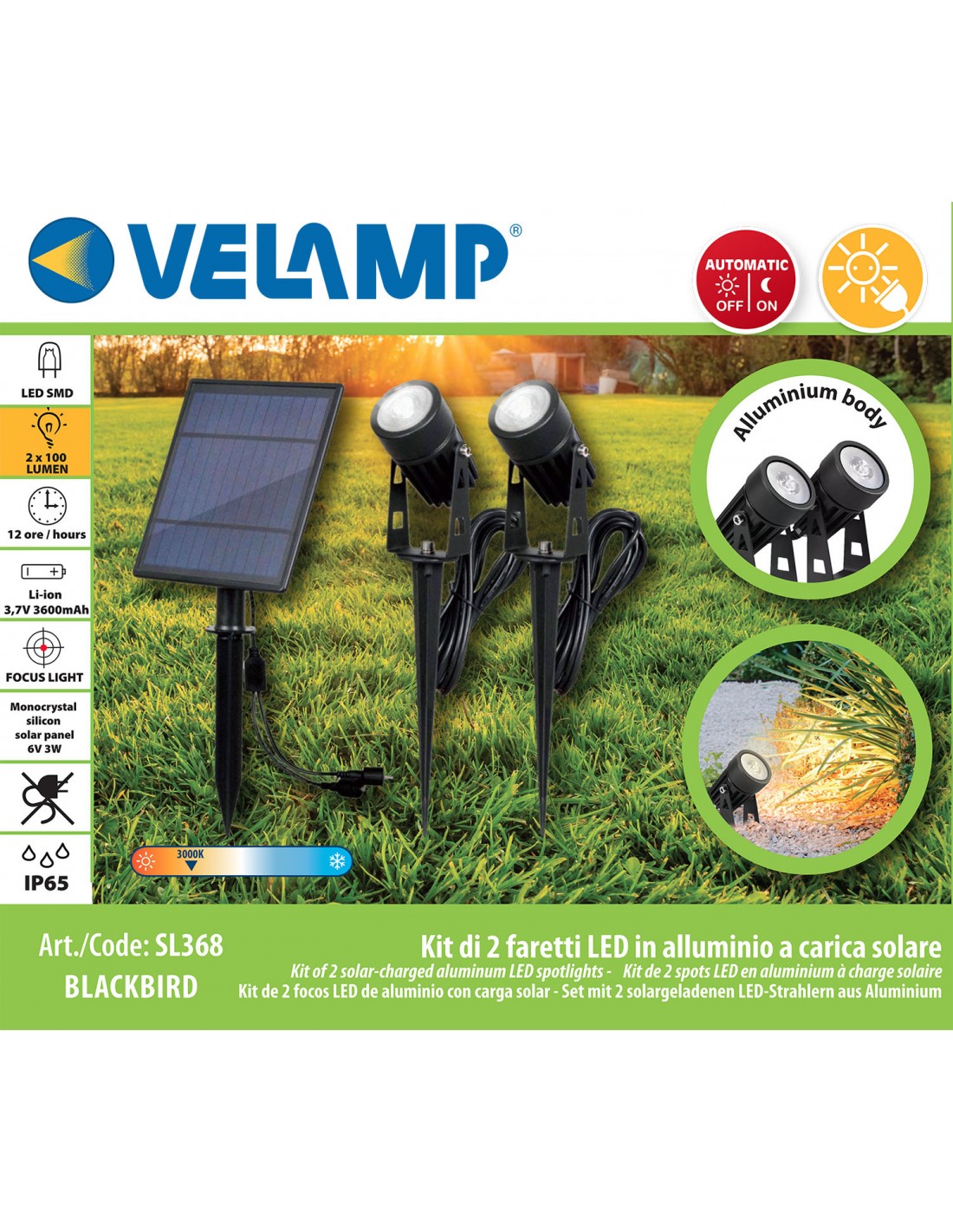 VELAMP - BLACKBIRD: kit di 2 faretti LED in alluminio a carica solare - SL368