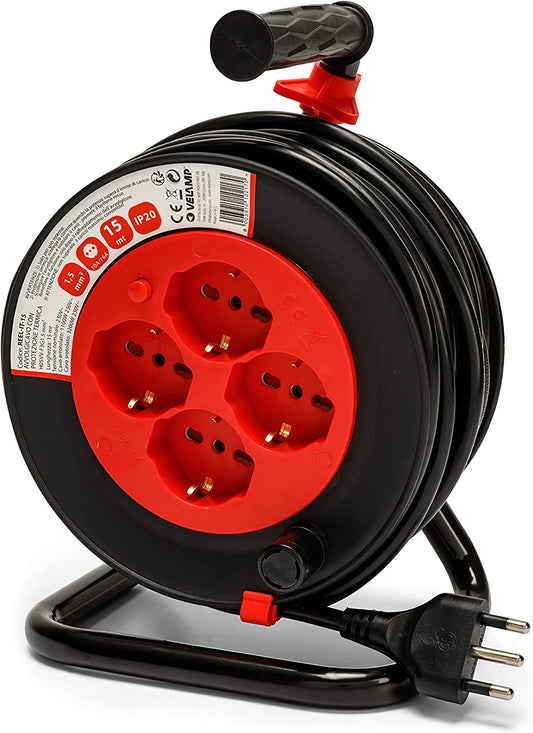 VELAMP REEL-IT-15 Câble d'extension électrique avec enrouleur de câble, Noir/Rouge, 15 mètres