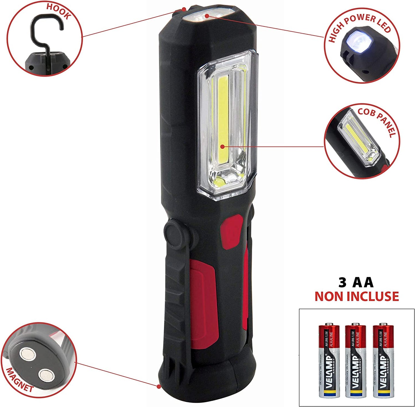 Multifunktions-Taschenlampe – Velamp IS404 Transformator-Arbeitsleuchte 8 + 1 SMD-LED mit Haken und Magnet 